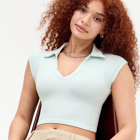 NWT UO Out From Under Sporty Green Collared Baby Tee - Picture 5 of 6